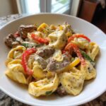 one pot cheesesteak tortellini with provolone sauce