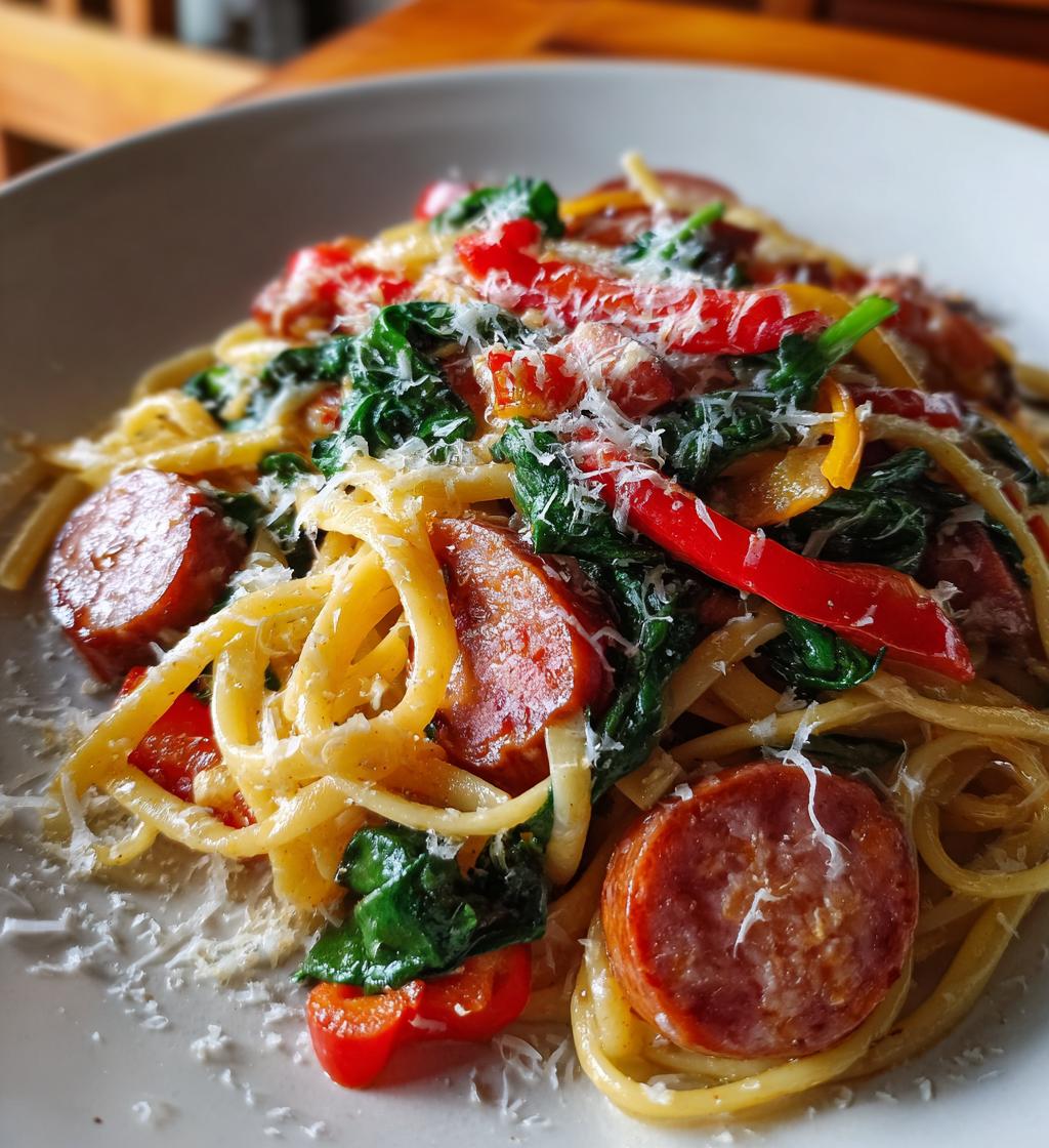 one pot smoked sausage pasta - detail 1