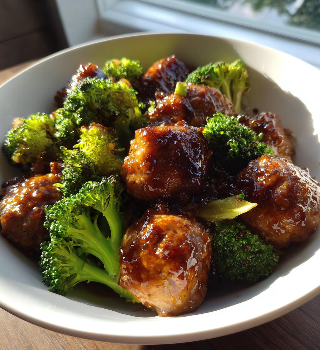 sticky mongolian meatballs and broccoli - detail 1