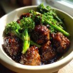 sticky mongolian meatballs and broccoli