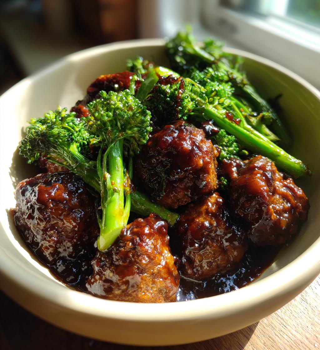 sticky mongolian meatballs and broccoli