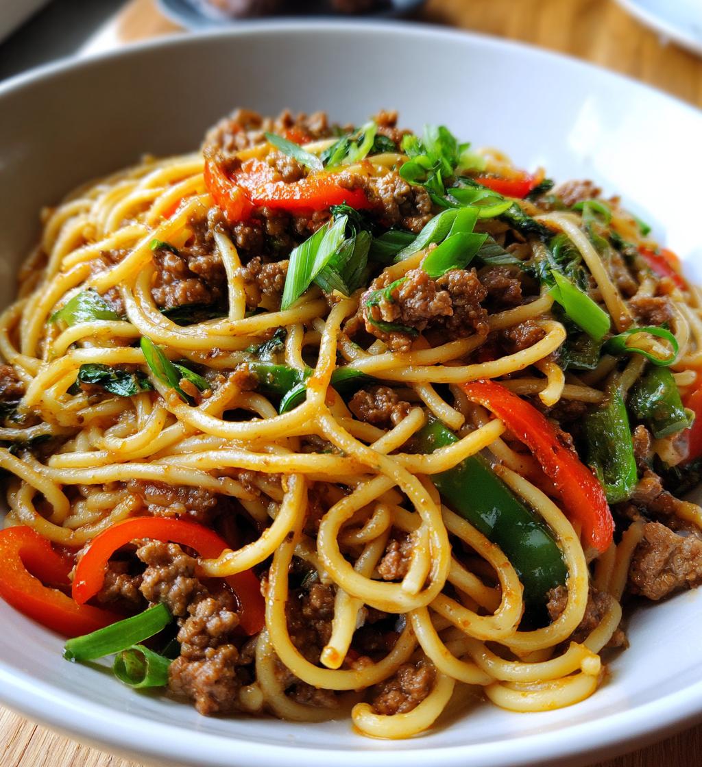 stunning mongolian ground beef noodles - detail 1