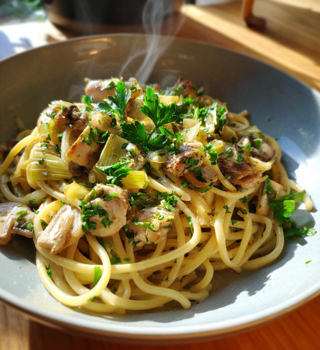 vegan leek mushroom pasta - detail 1