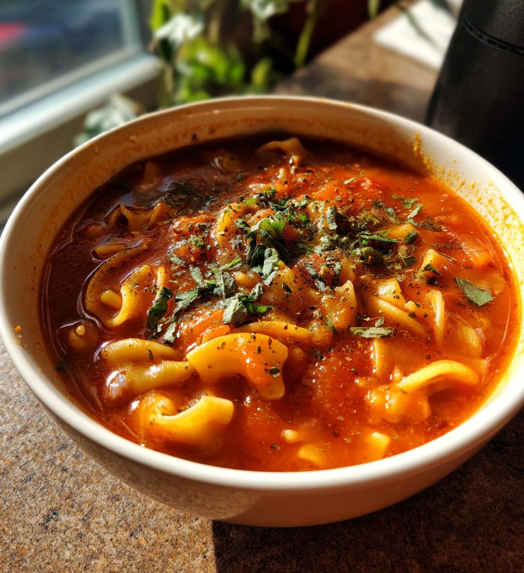 vegan tomato pasta soup - detail 1