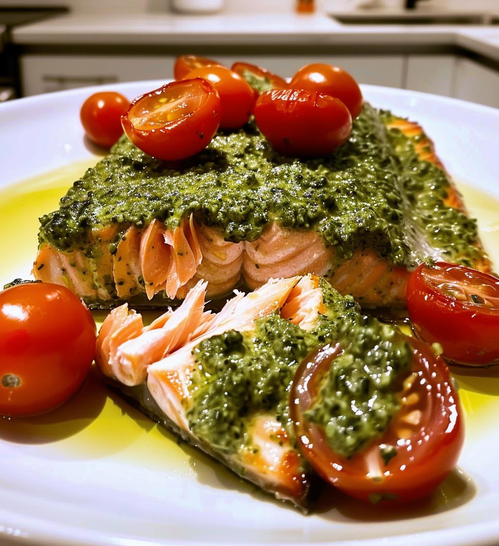 Baked Pesto Salmon with Cherry Tomatoes