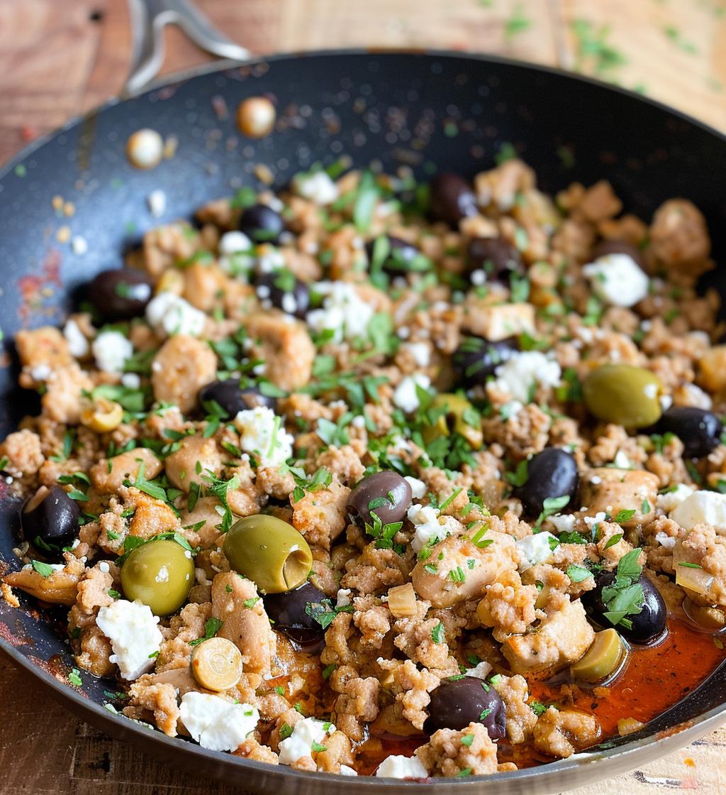 Mediterranean Keto Ground Chicken Skillet with Olives and Feta