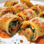 Shrimp and Spinach Stuffed Pasta Rolls with Roasted Red Pepper Cream