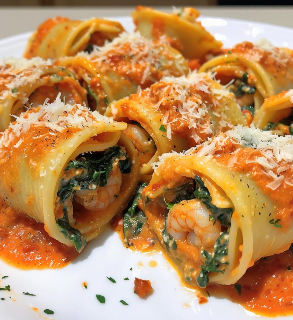 Shrimp and Spinach Stuffed Pasta Rolls with Roasted Red Pepper Cream