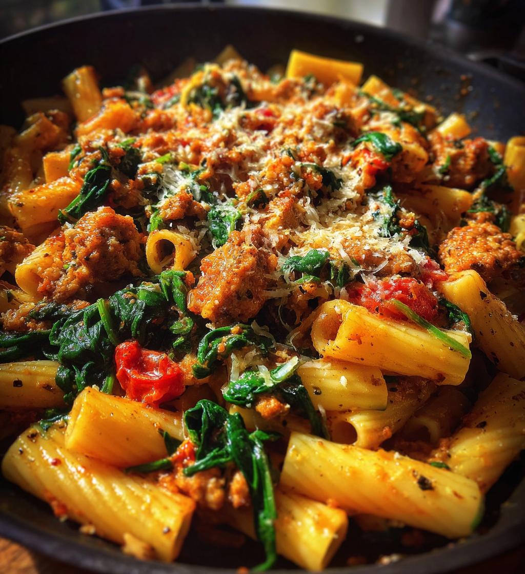 Sausage Rigatoni with Spinach