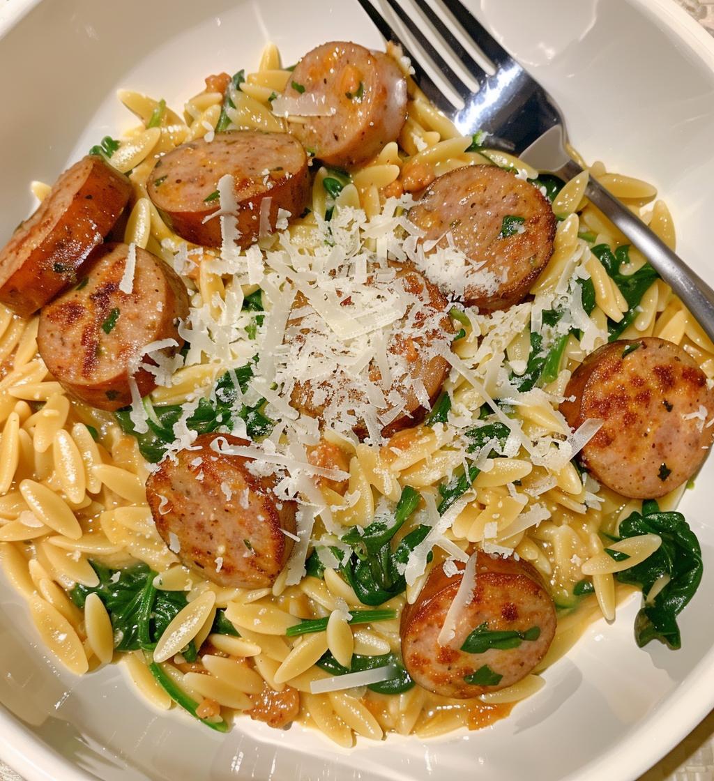 creamy chicken sausage orzo dish