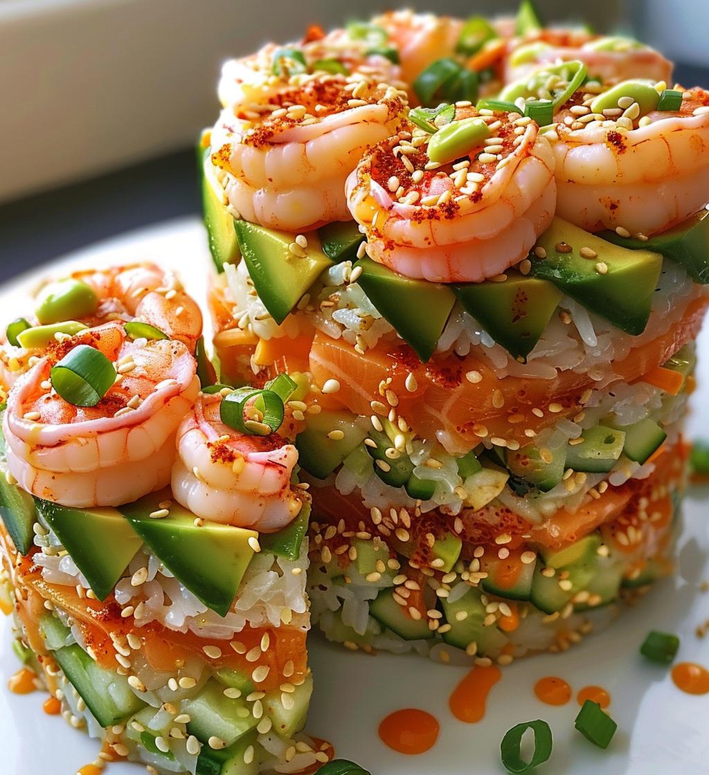 spicy shrimp sushi stacks